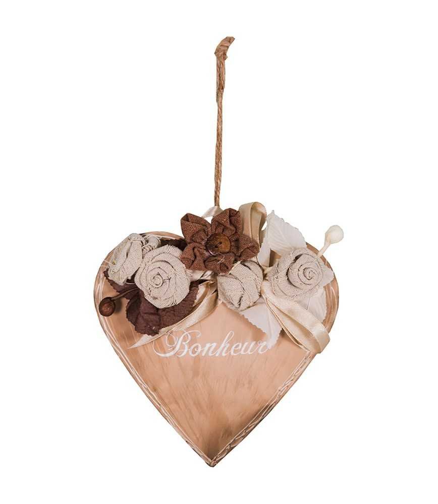 Coeur fleurs  "Bonheur" beige 16*16