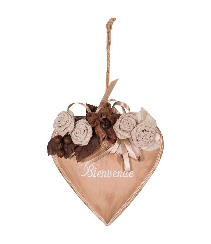 Coeur fleurs  "Bienvenue" beige 16*16