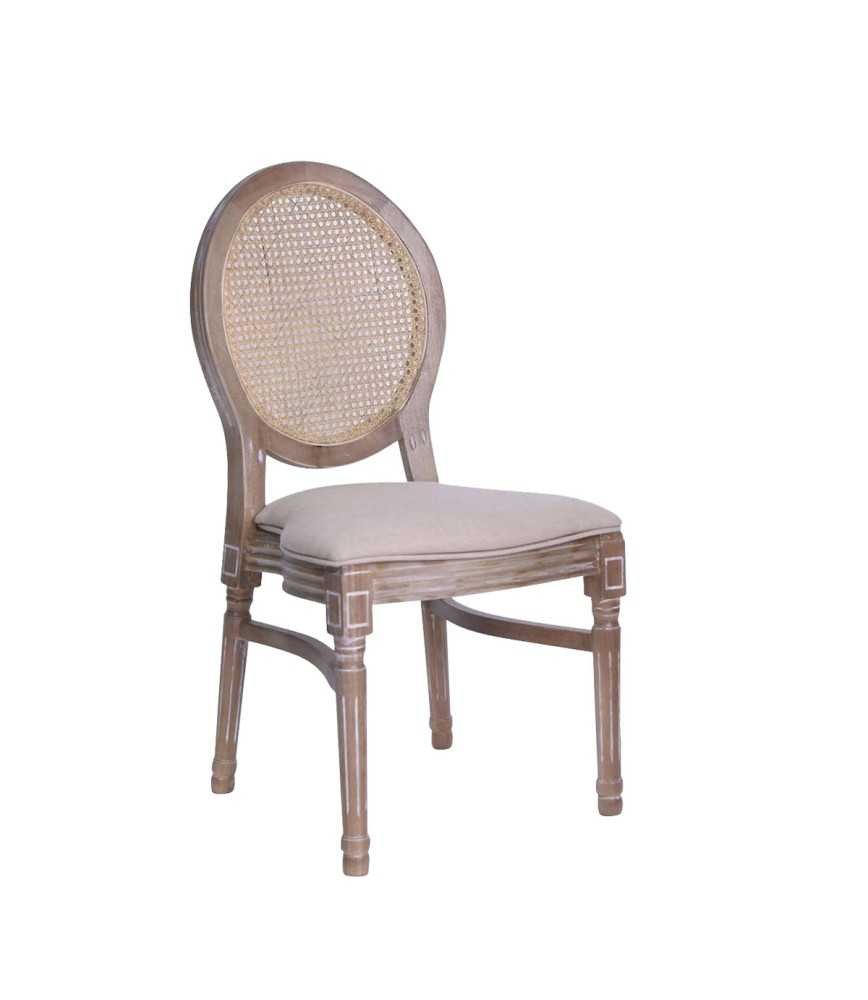 Chaise médaillon bois cérusé dossier cannage +assise lin empilable