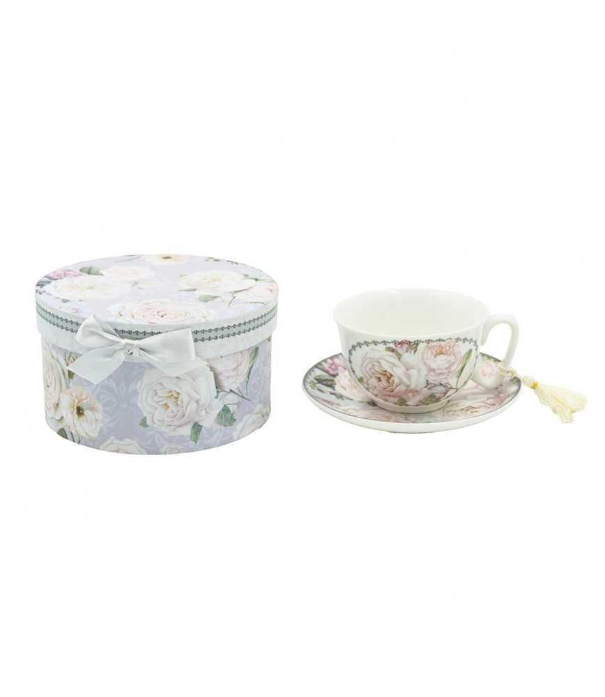 Coffret tasse et sous tasse décor roses blanches