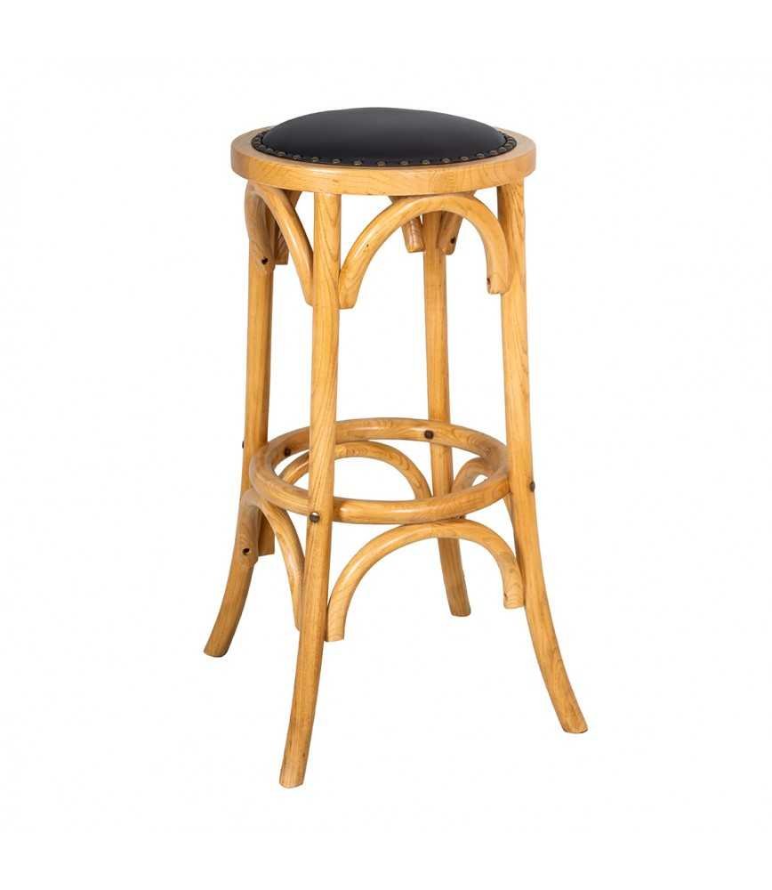 Tabouret de bistro vintage bois ciré + assise PU noir